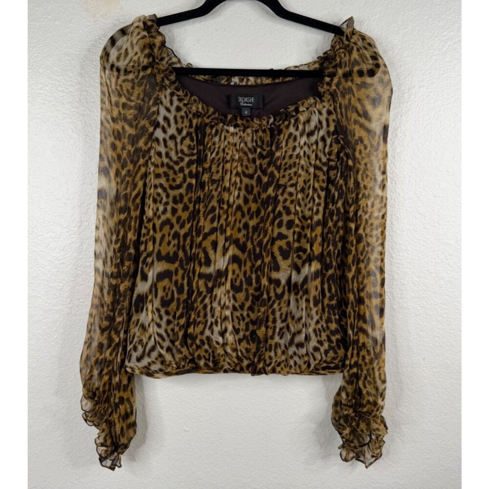Tadashi Collection Women's Top Brown Sz 4 Silk Animal Print Old Money Mob Wife